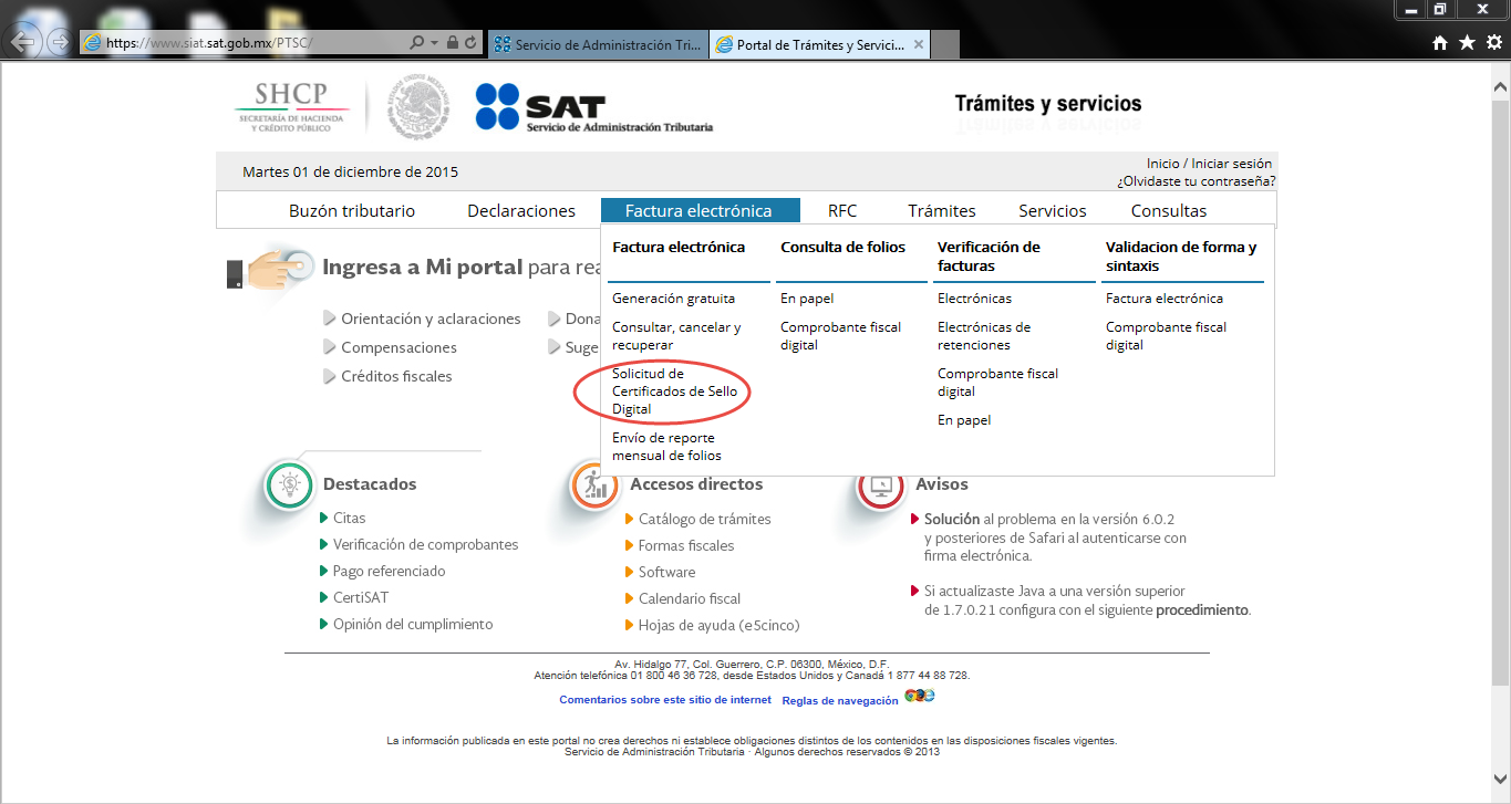 Sitio web del SAT